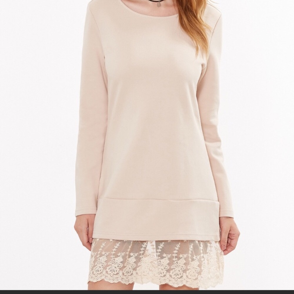 Long Sleeve Tan colored Dress with Lace Bottom - Picture 4 of 5